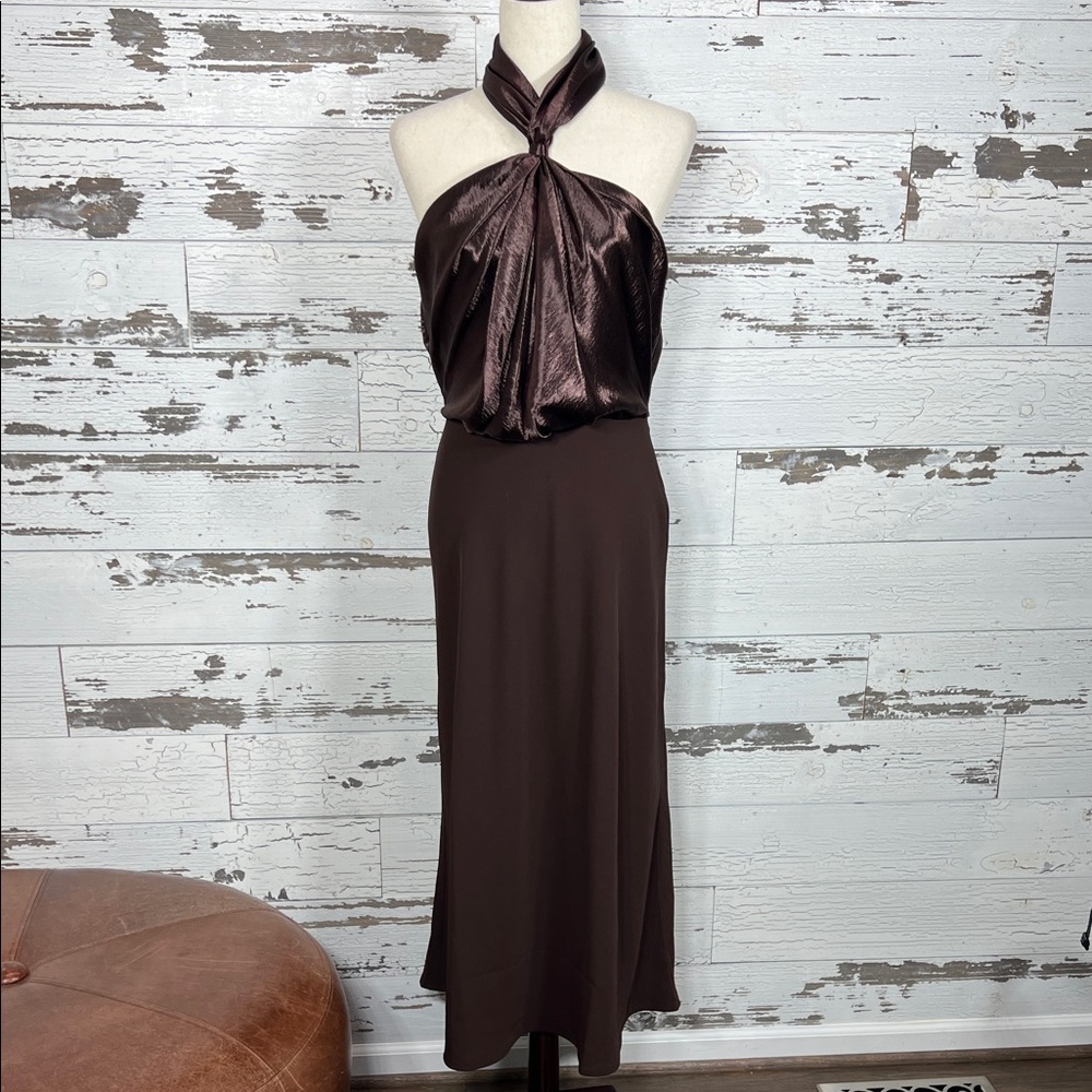 BL-NK Fransia Halter Midi Dress Chocolate Brown Sz M PETITE NWT